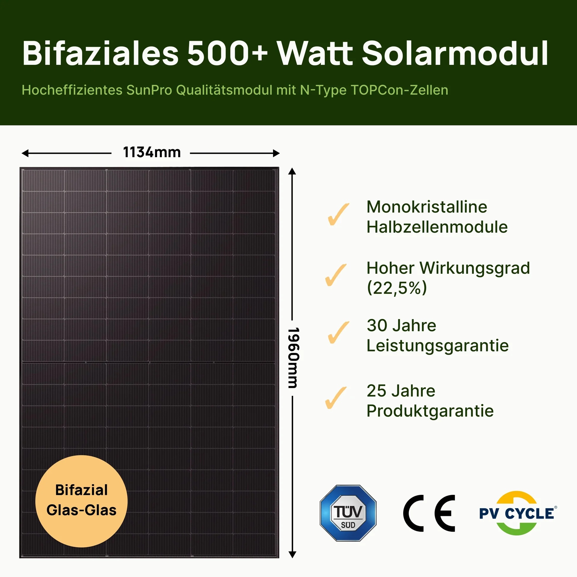 SunPro 500W Solarmodul Full Black – bifazial, N-Typ TOPCon